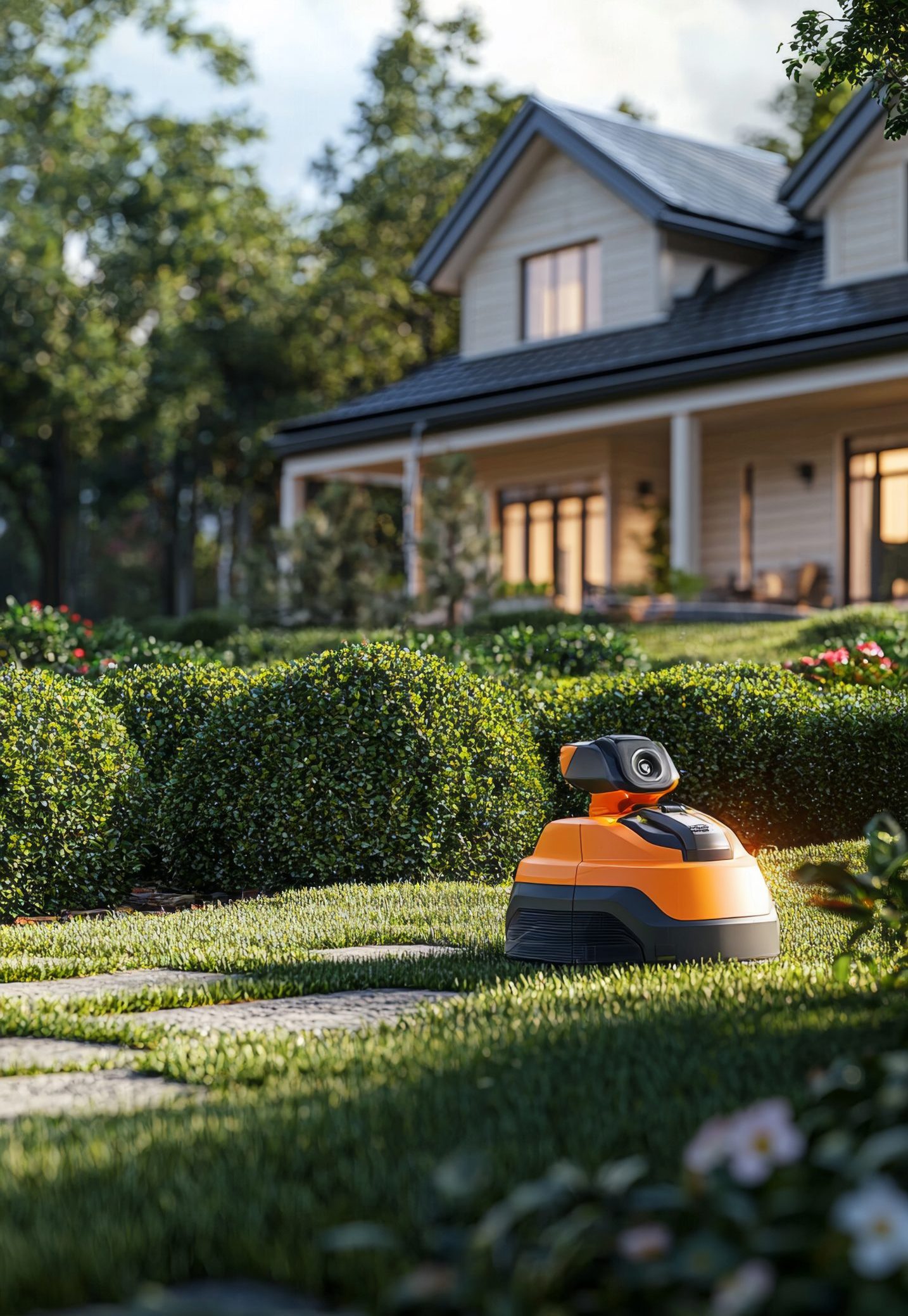 eA pruning robot trimming a shrub in the garden of a beautiful house. Realistic.
